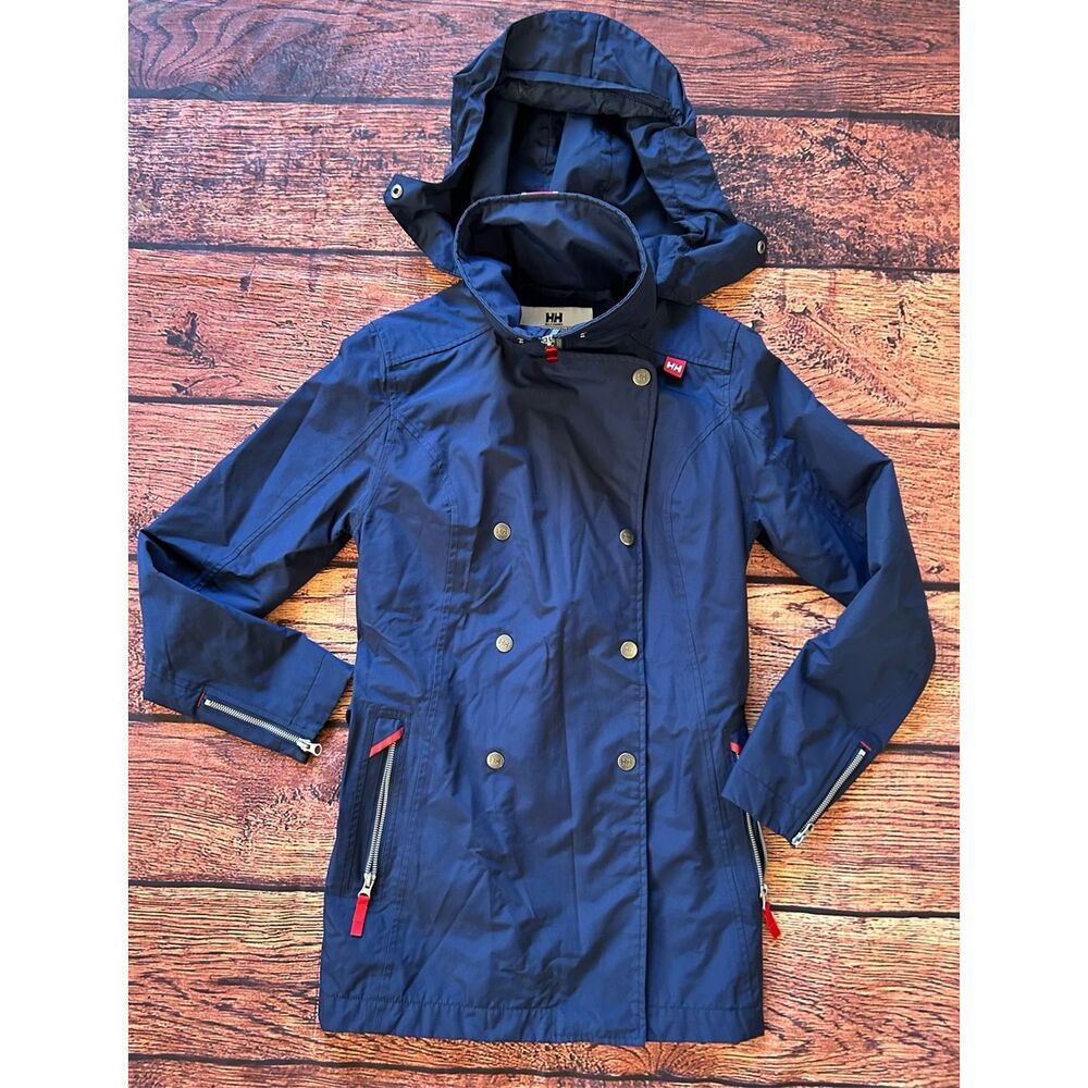 Helly Hansen Wesley Trench Coat Women's S Blue Zip Pockets Rain Jacket